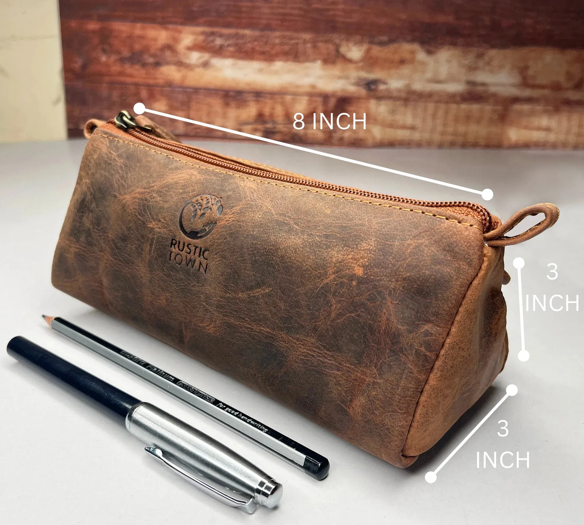 Tom Leather Pencil Case - Zippered Pen Pouch (Brown)