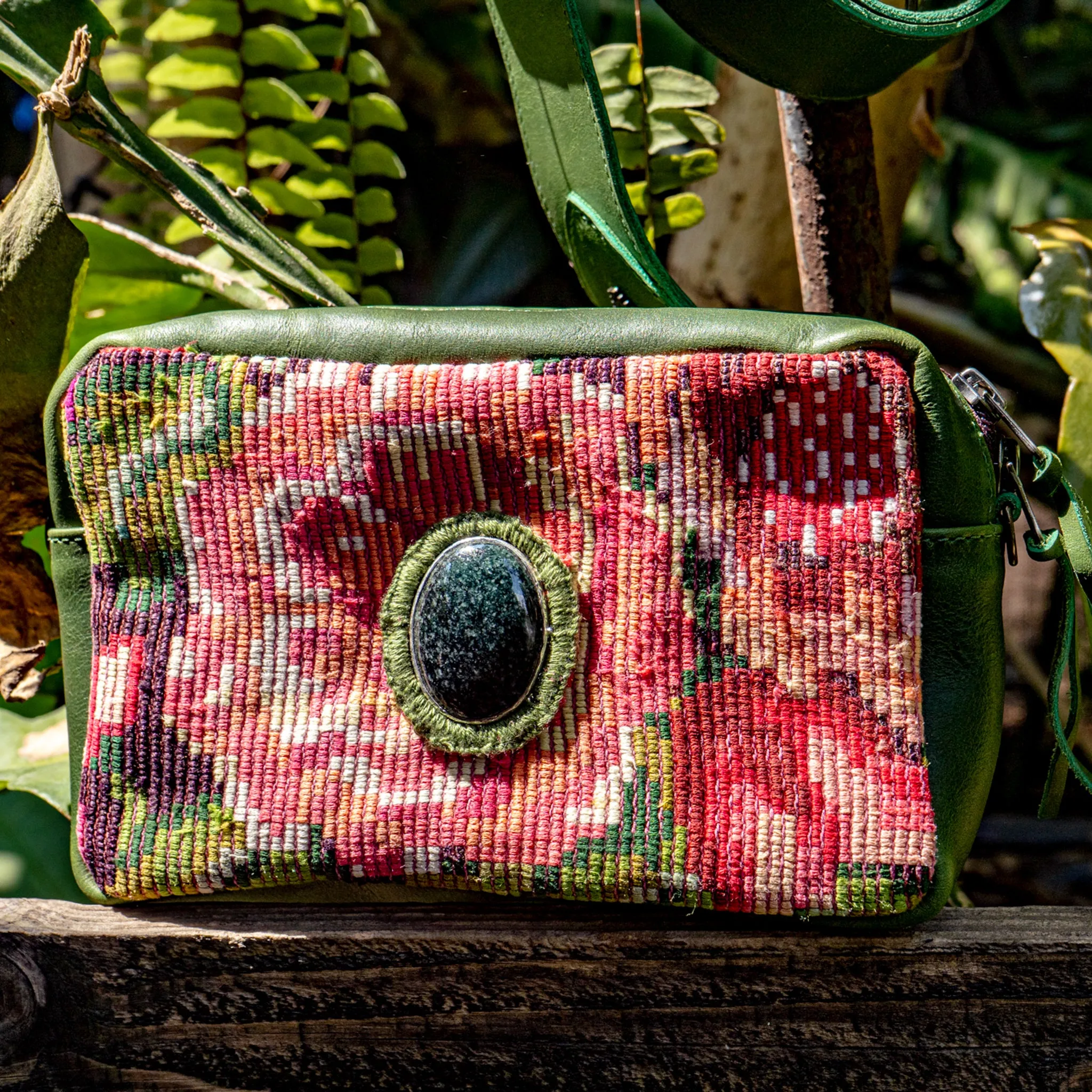 WANDER CROSSBODY BAG   STRAP SET - OOAK HUIPIL WITH JADE - EMERALD - NO. 15551