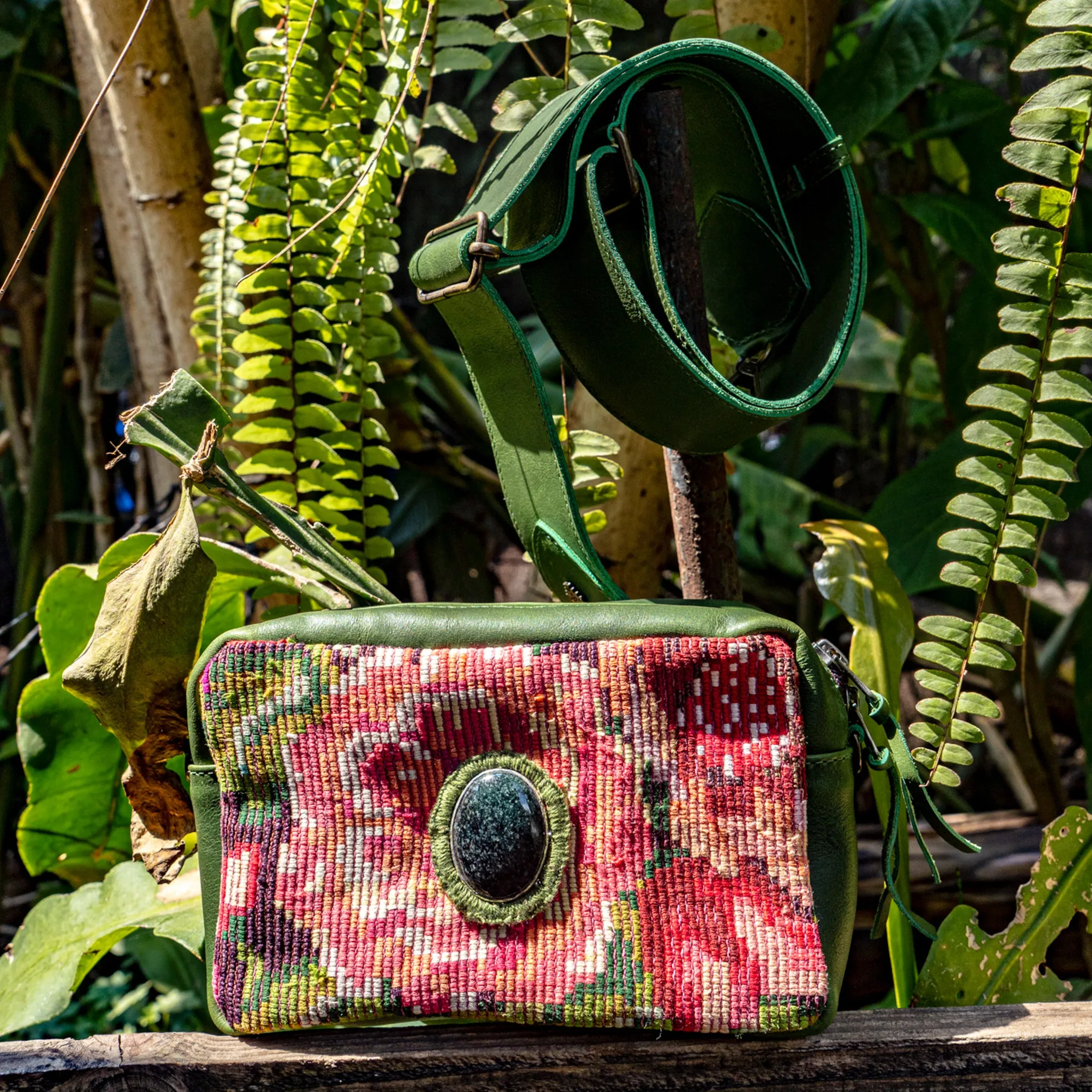 WANDER CROSSBODY BAG   STRAP SET - OOAK HUIPIL WITH JADE - EMERALD - NO. 15551