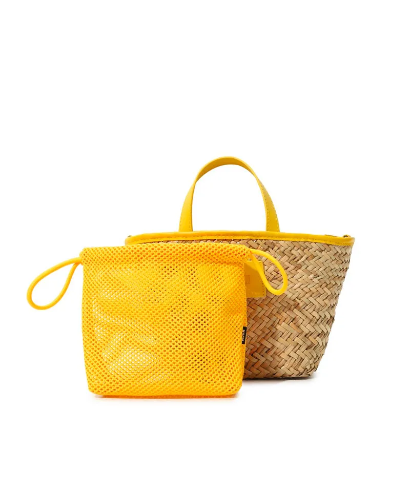 Women's Large straw tote bag with accomanying mini pouch Yellow