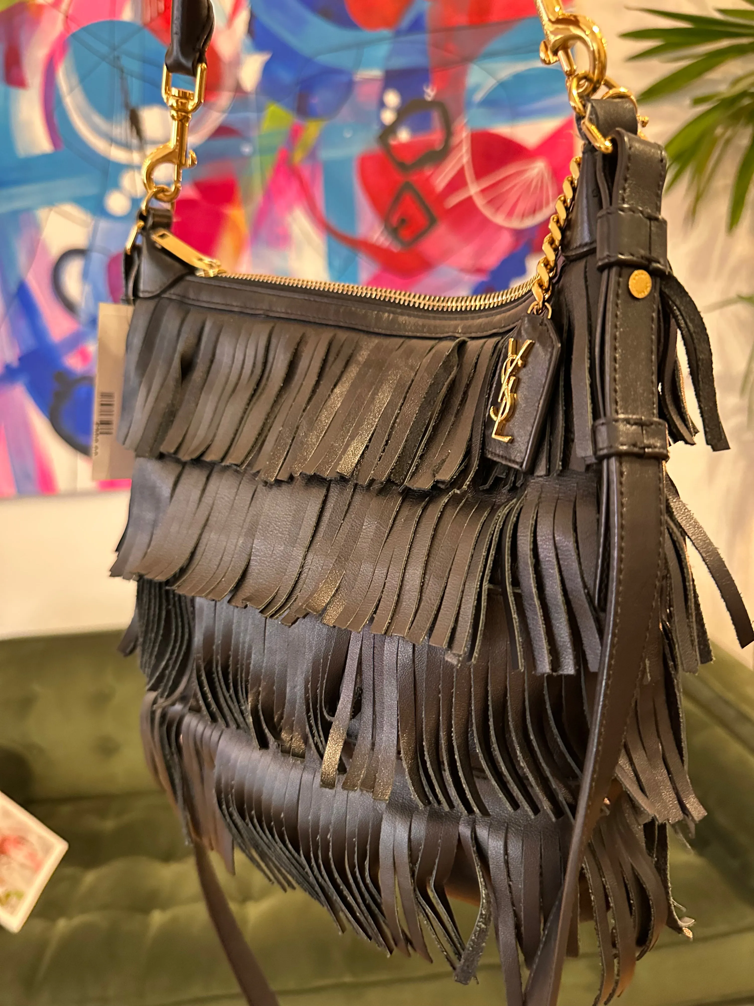 Ysl Vintage Black Leather Fringe Satchel