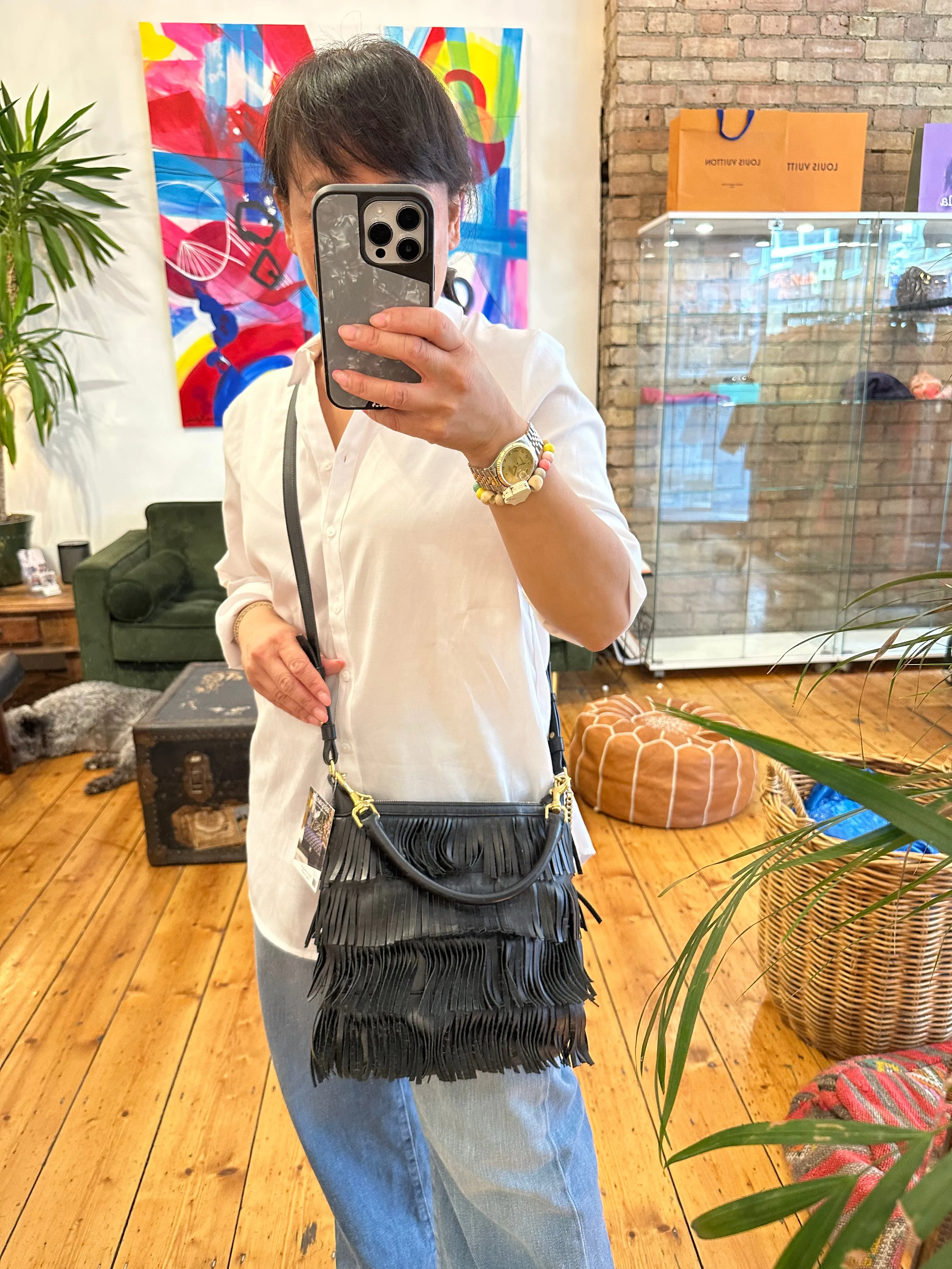 Ysl Vintage Black Leather Fringe Satchel