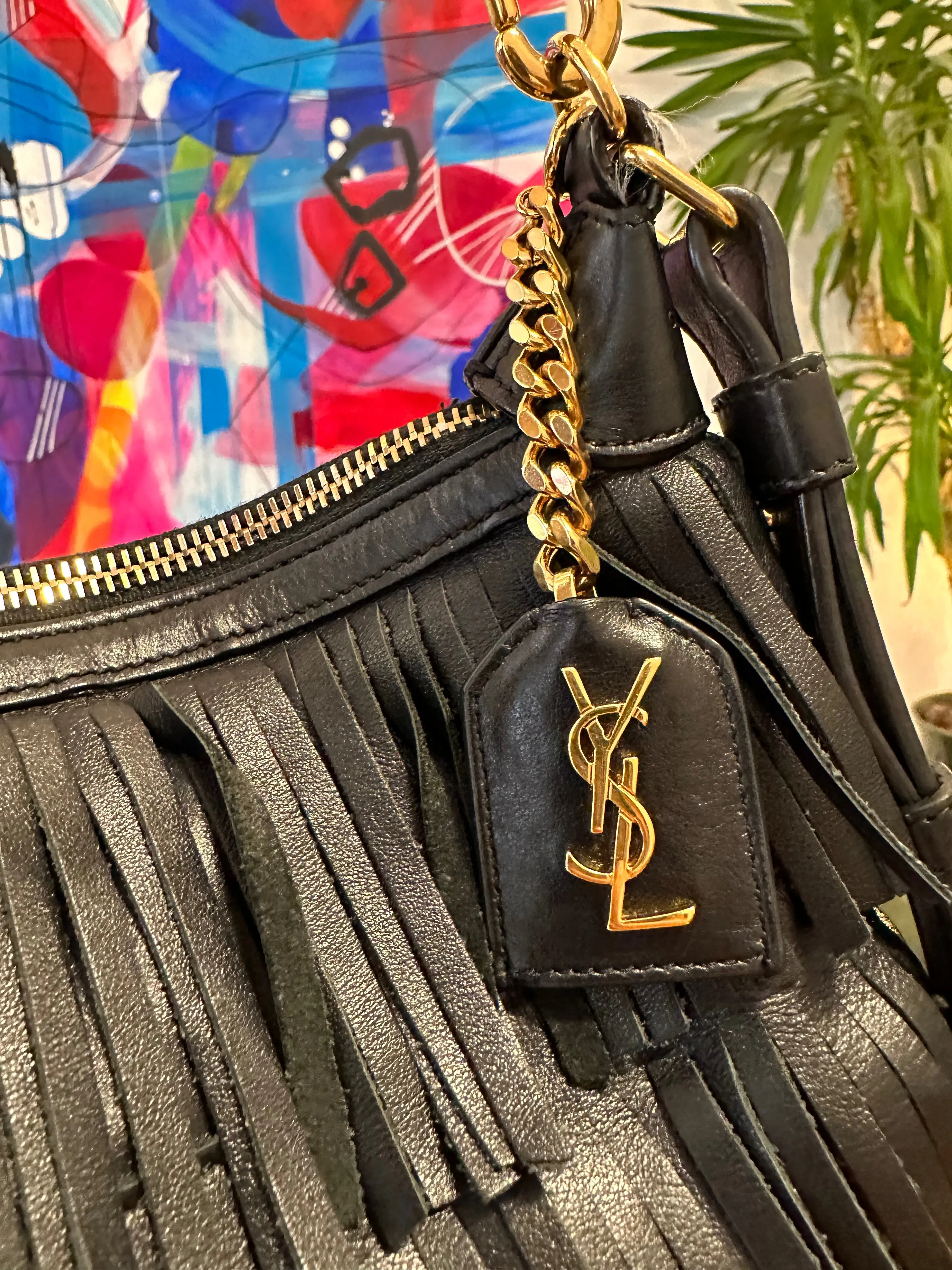 Ysl Vintage Black Leather Fringe Satchel